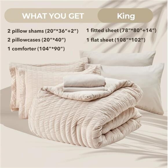 Beige King Size Comforter Set Seersucker 7 Pieces, All Season Luxury - Picture 5 of 7